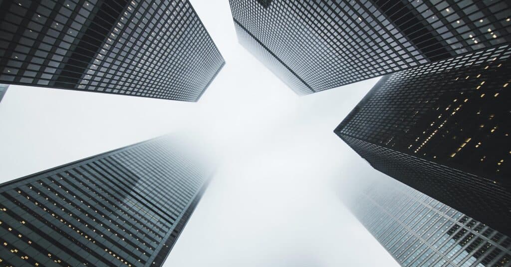 View looking up of tall buildings in a city