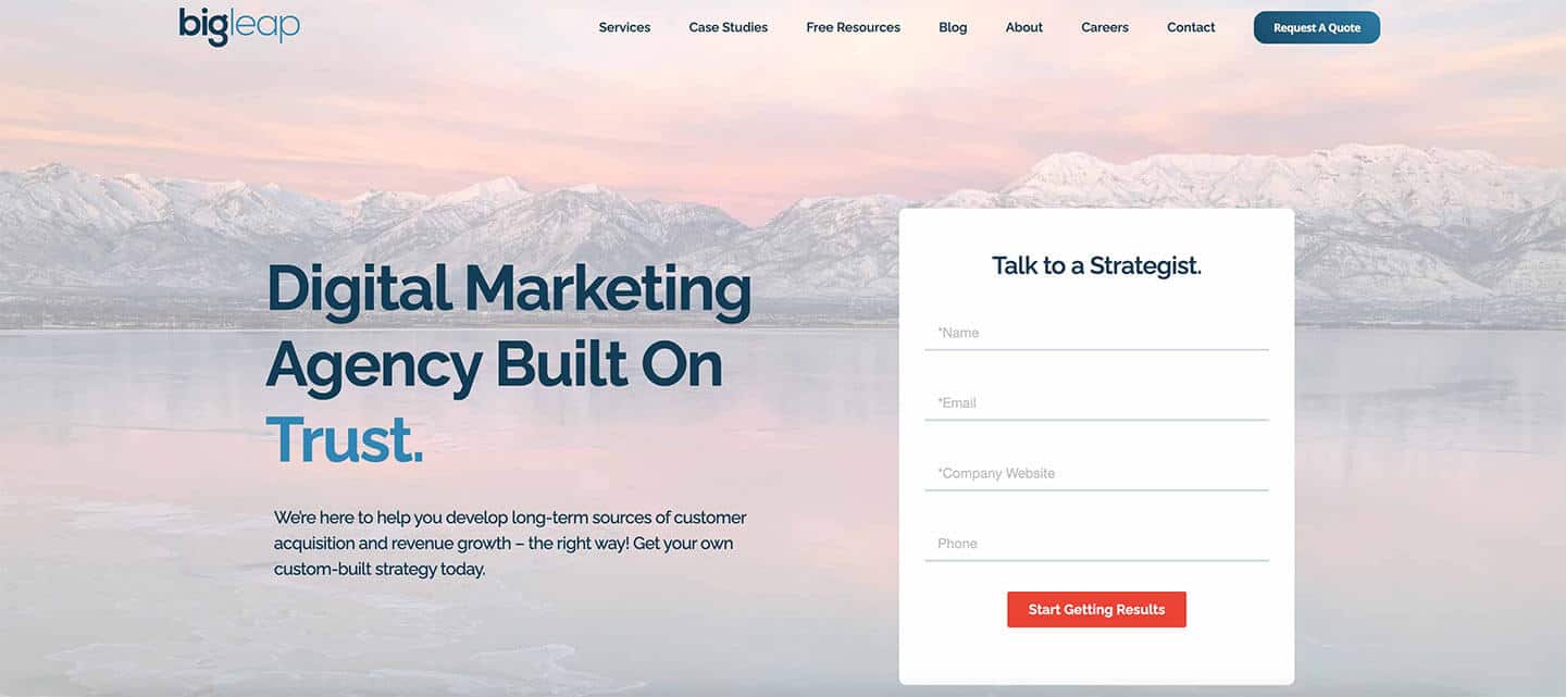 A screenshot of Big Leap's homepage