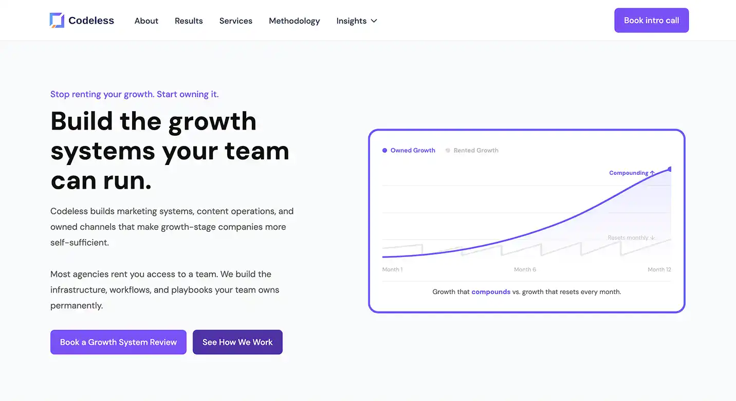 A screenshot of Codeless's website homepage.