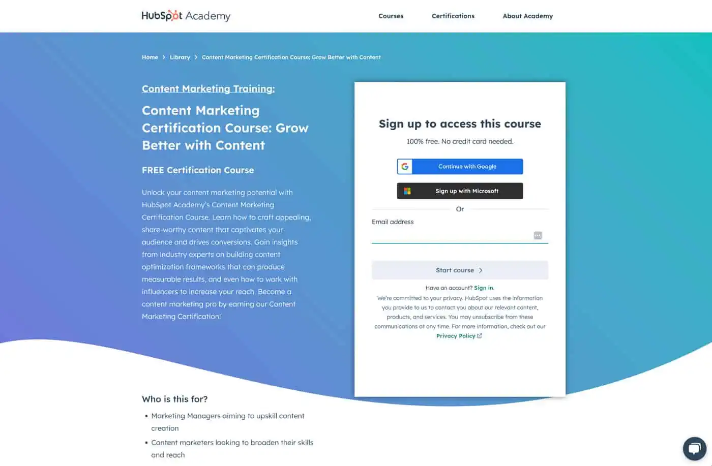 content marketing certificate course homepage