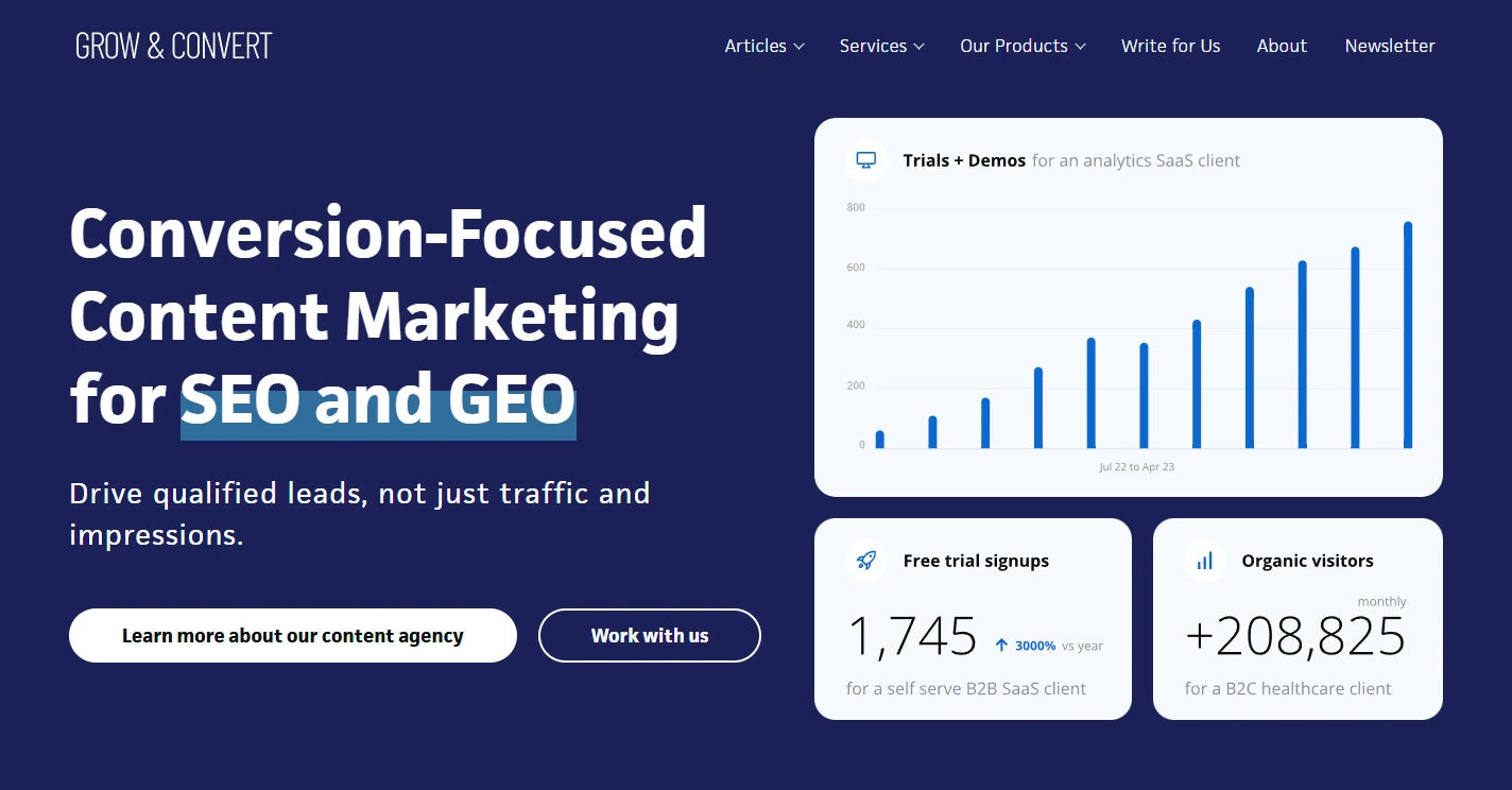 Grow and Convert homepage.