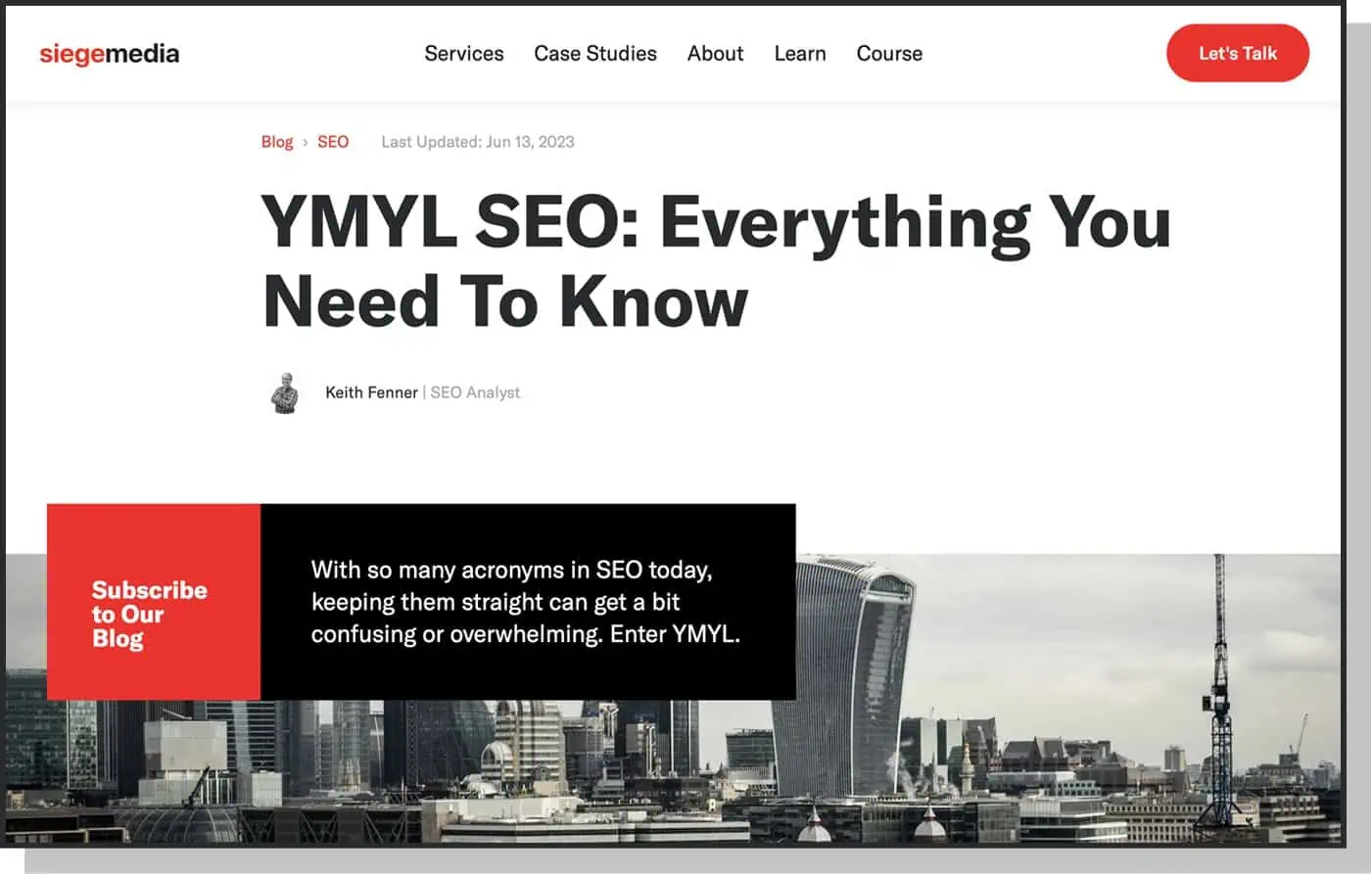 A screenshot of a Siege Media blog post on YMYL SEO
