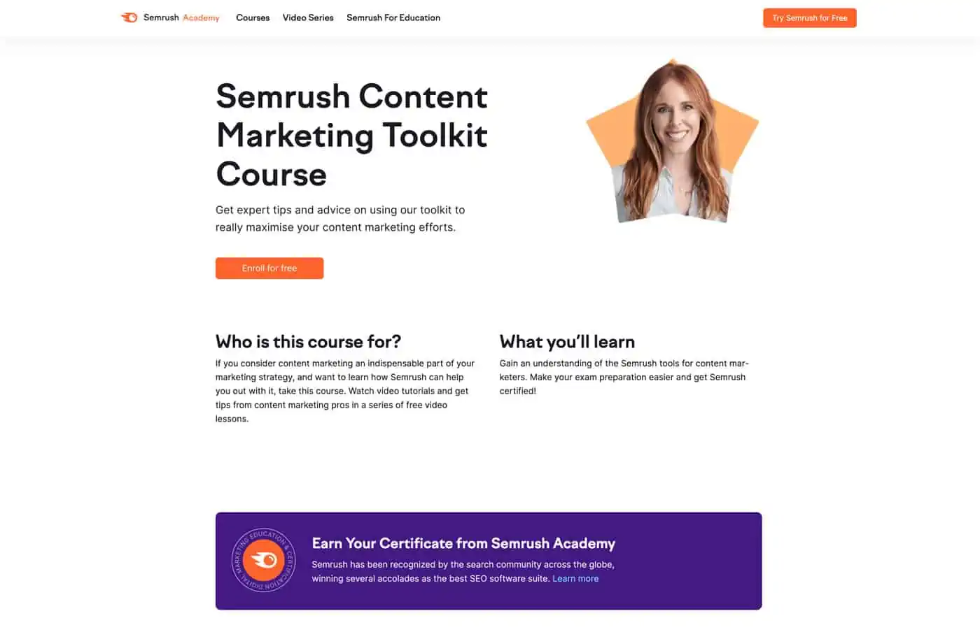 Semrush toolkit course homepage