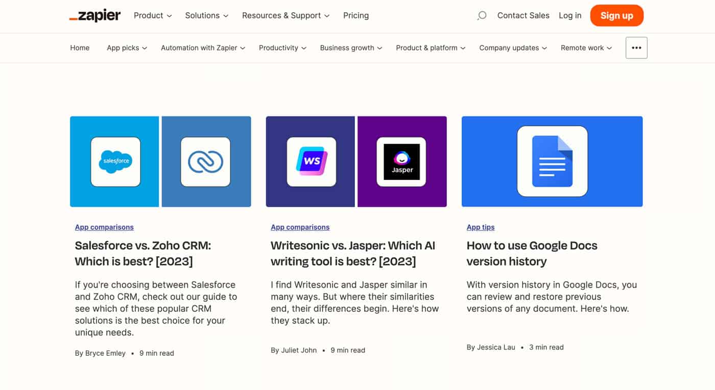 A screenshot of Zapier's blog
