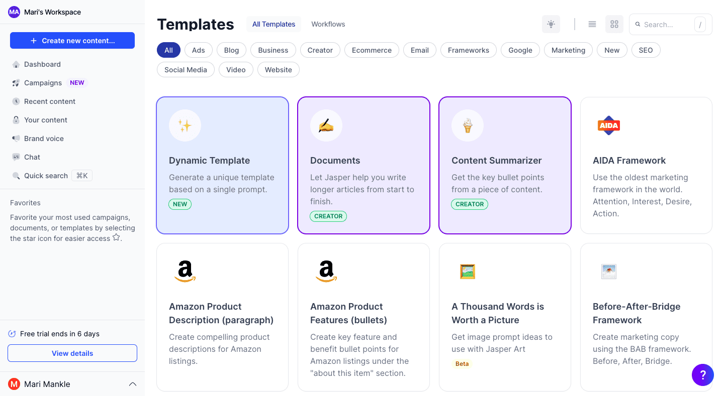 Choosing a template is step 1 when using Jasper.