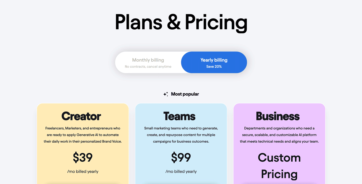 Screenshot showing Jasper's three pricing models.