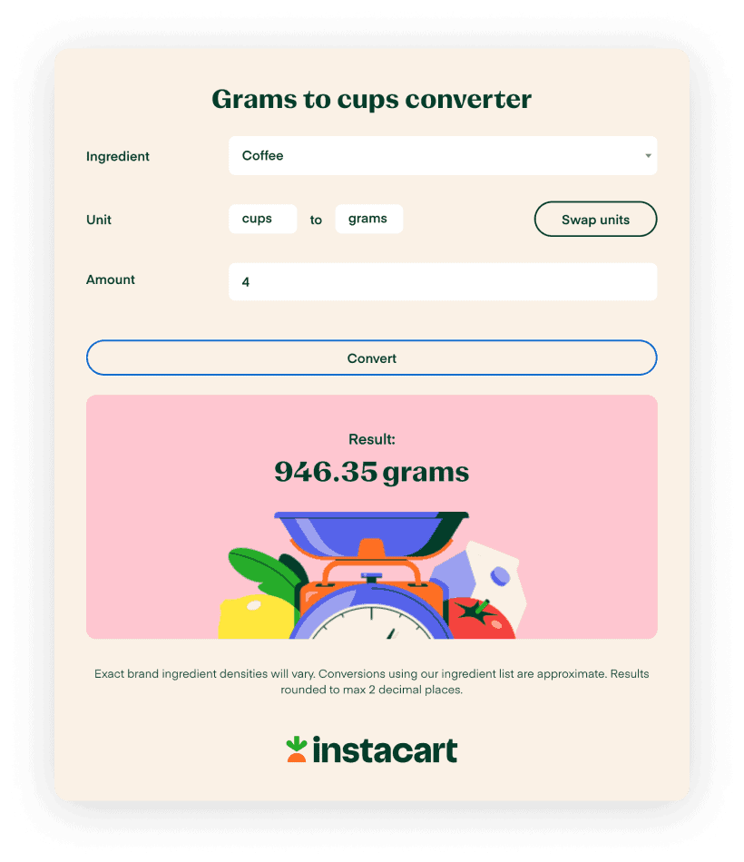 Instacart grams to cups converter developed by Siege Media