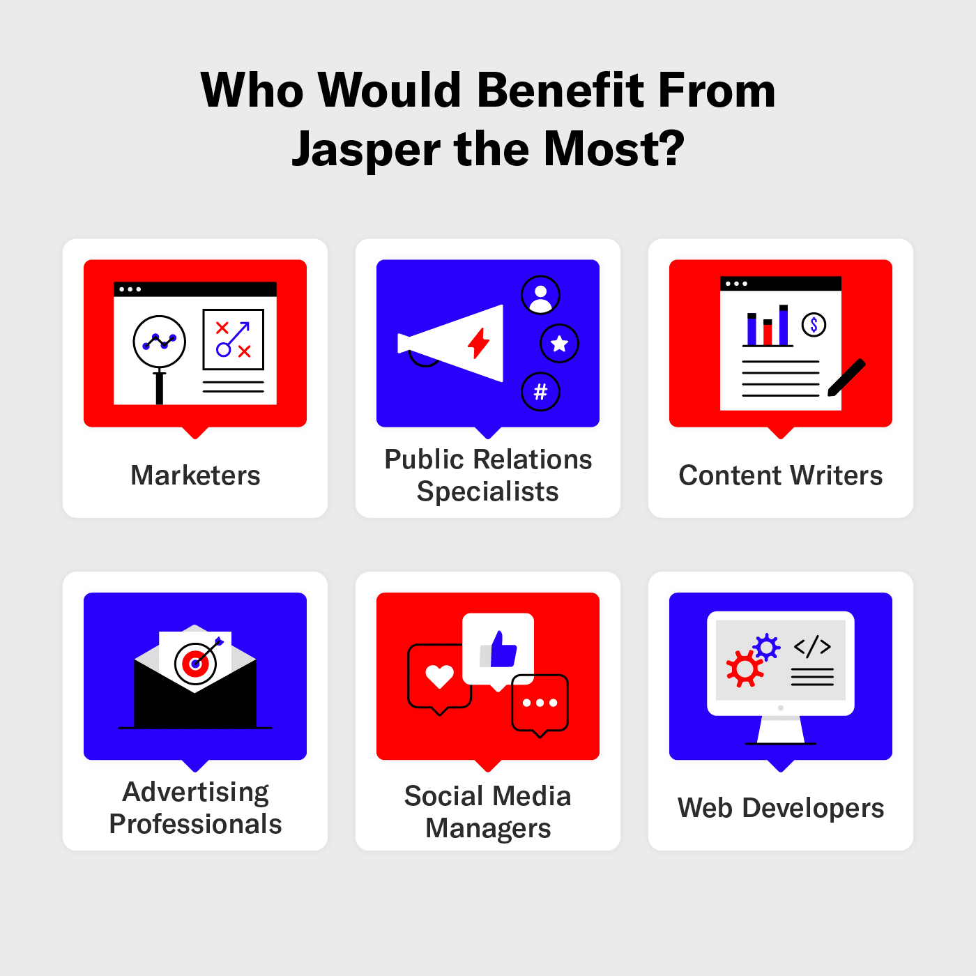Jasper's target audience includes marketers, social media managers, and more.
