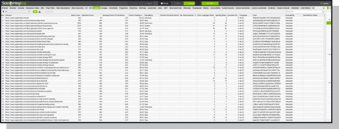 A stylized screenshot of a content audit through screaming frog.