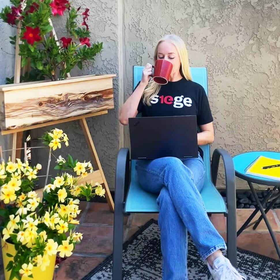 A Sieger working outside on the patio.