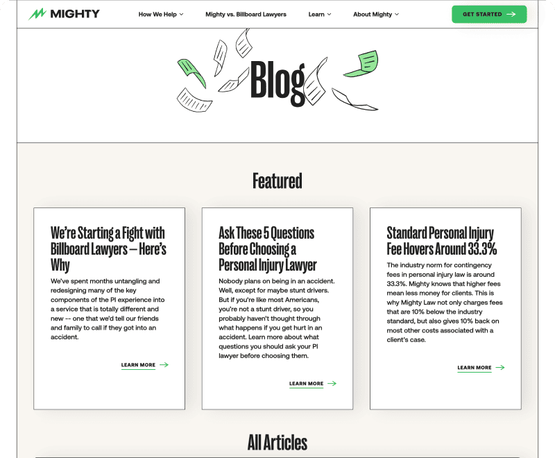 Screenshot of Mighty's blog hub before redesign