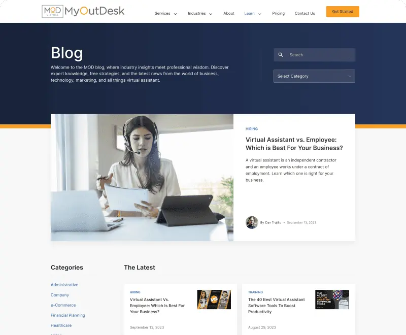 Screenshot of MyOutDesk's blog hub after redesign