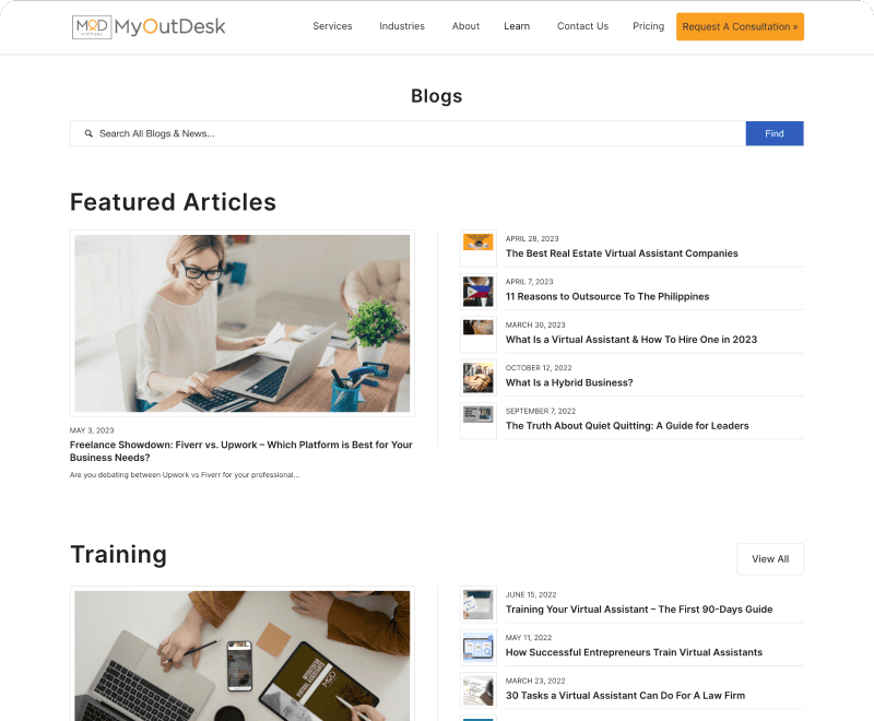 Screenshot of MyOutDesk's blog hub before redesign