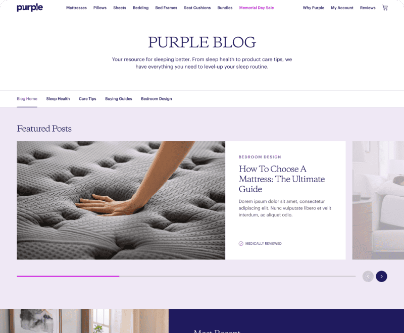 Screenshot of Purple's blog hub page after redesign