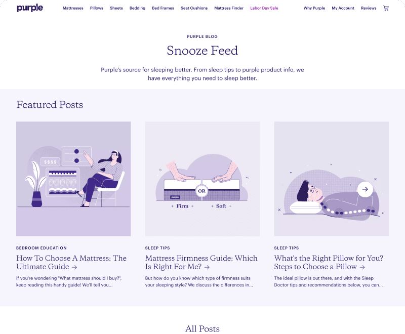 Screenshot of Purple's blog hub page before redesign