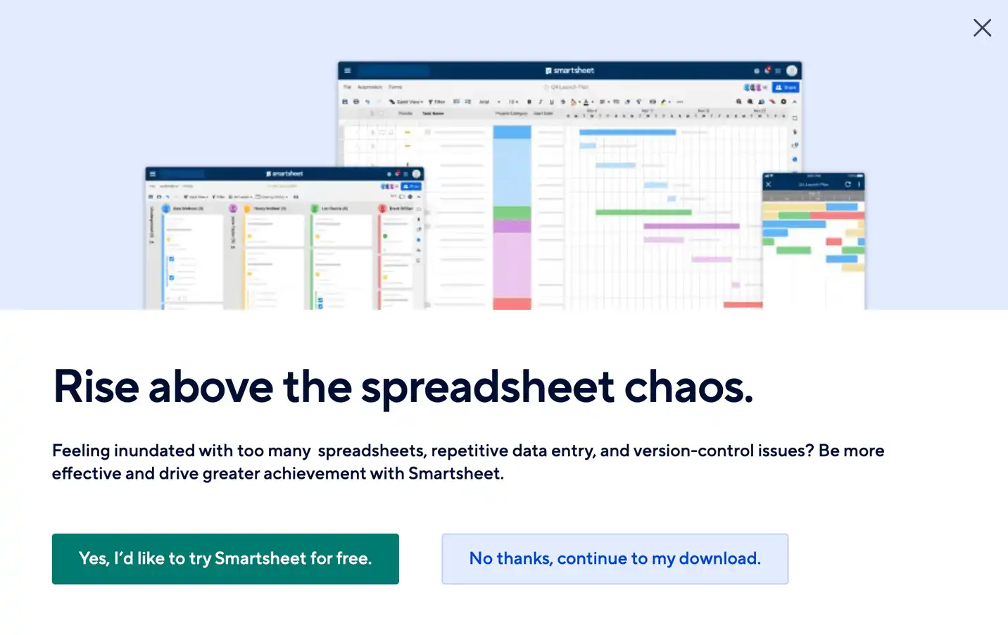 A screenshot of a gated template pop-up from Smartsheet