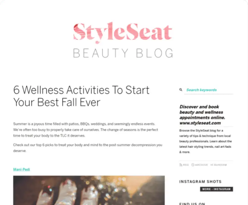 Screenshot of StyleSeat's blog hub before redesign