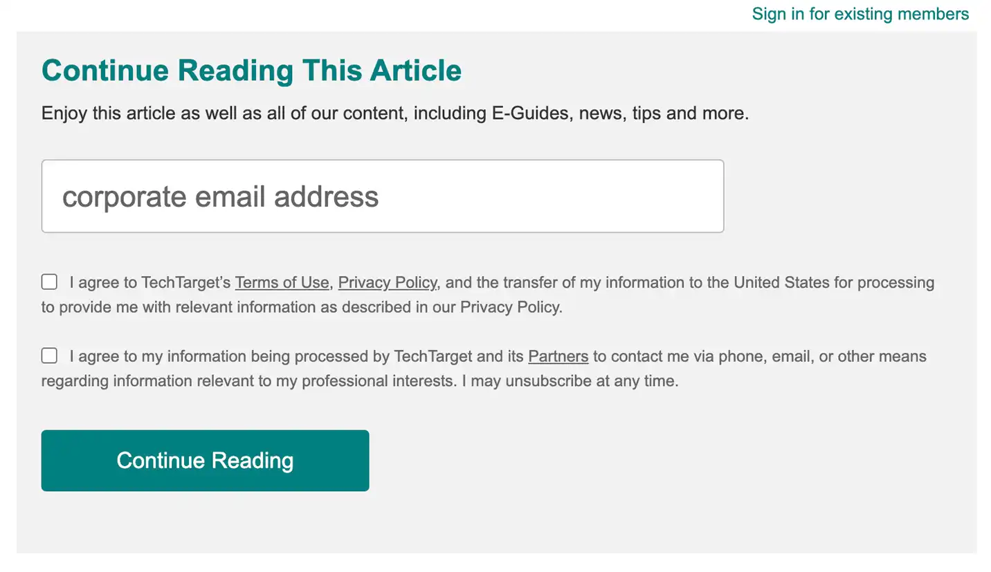 Uma captura de tela de uma postagem de blog bloqueada da TechTarget