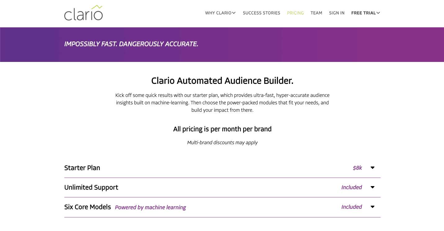 Clario's product pricing page, which is an example of bottom-funnel content.