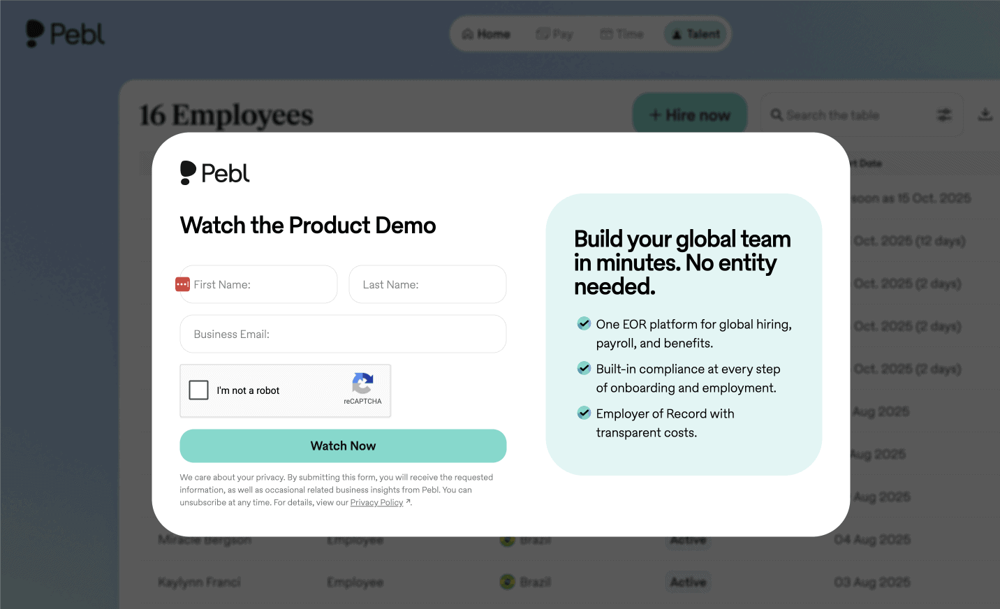 Pebl's product demo option, which is an example of bottom-funnel content.