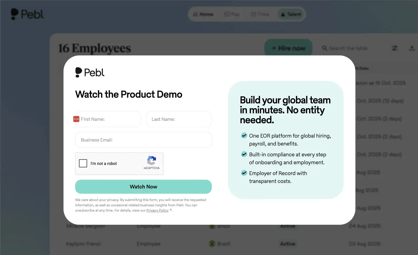 Pebl's product demo option, which is an example of bottom-funnel content.