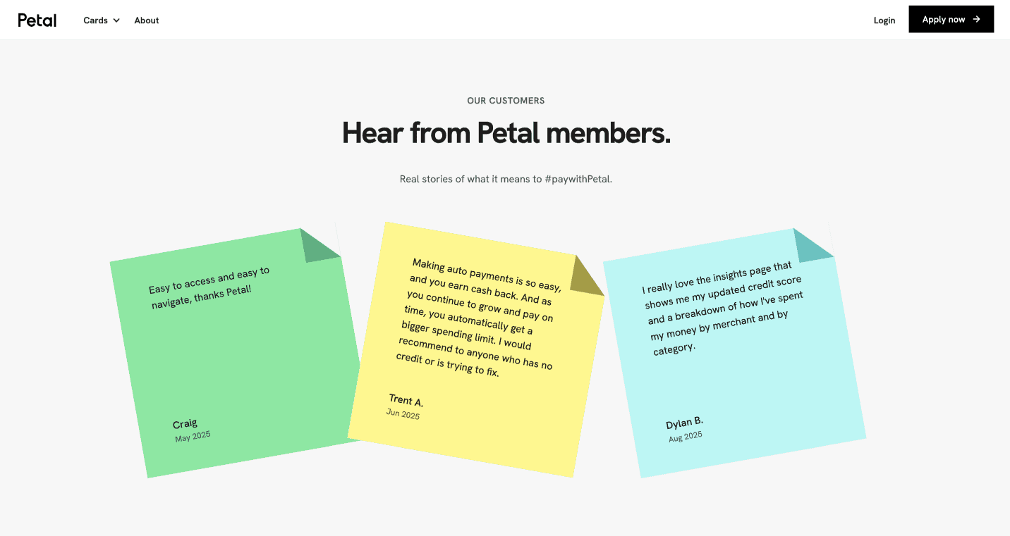 Petal's reviews page, which is an example of bottom-funnel content.