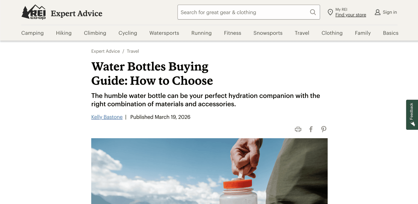 REI's water bottle buyer's guide as an example of bottom-funnel content.