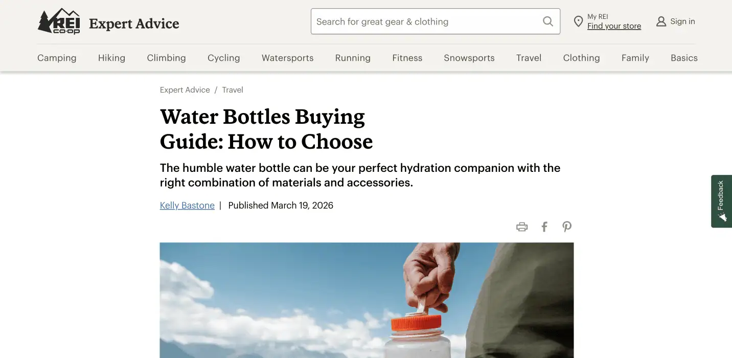 REI's water bottle buyer's guide as an example of bottom-funnel content.