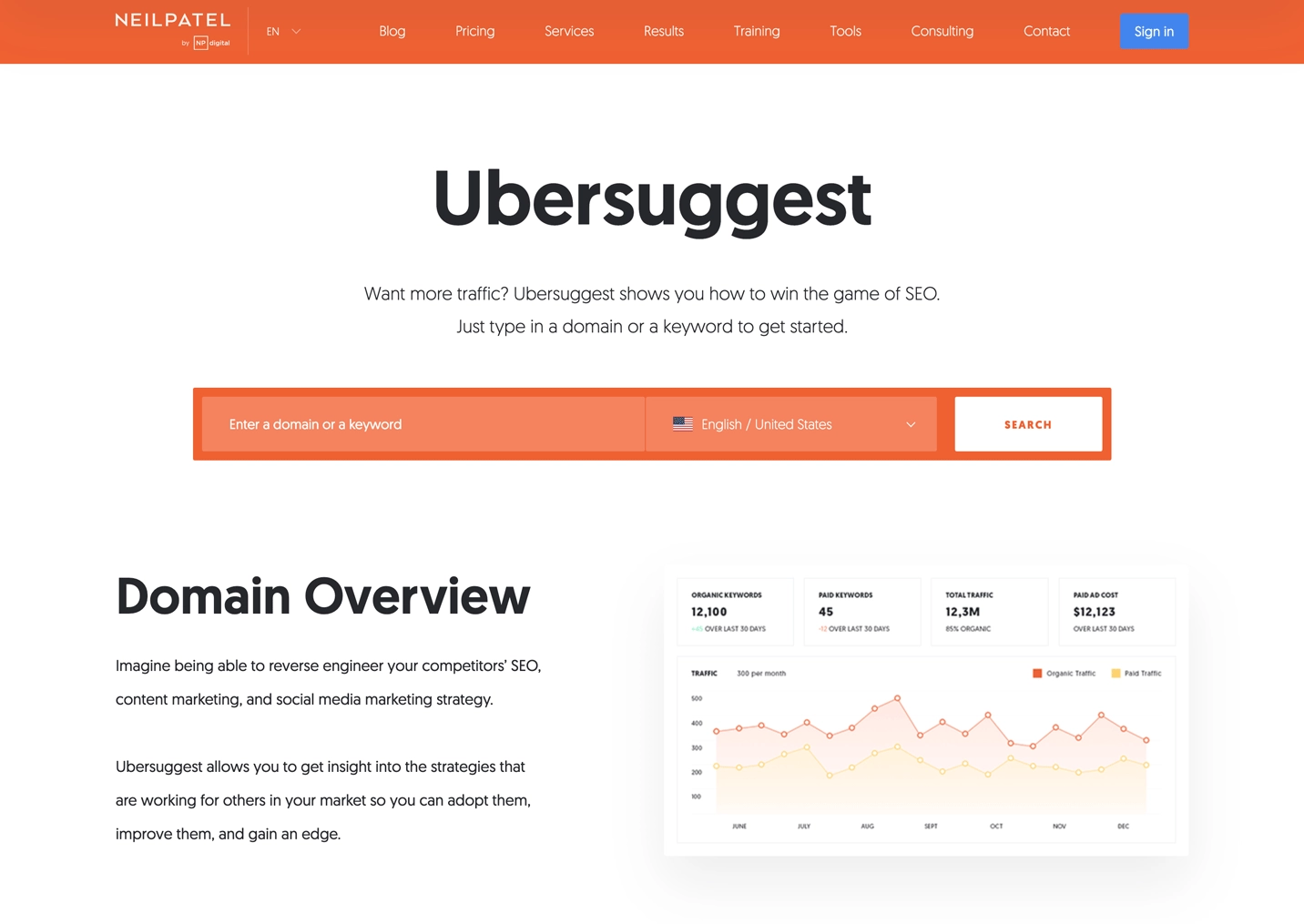 A screenshot of Ubersuggest, Neil Patel’s free thought leadership and SEO tool.