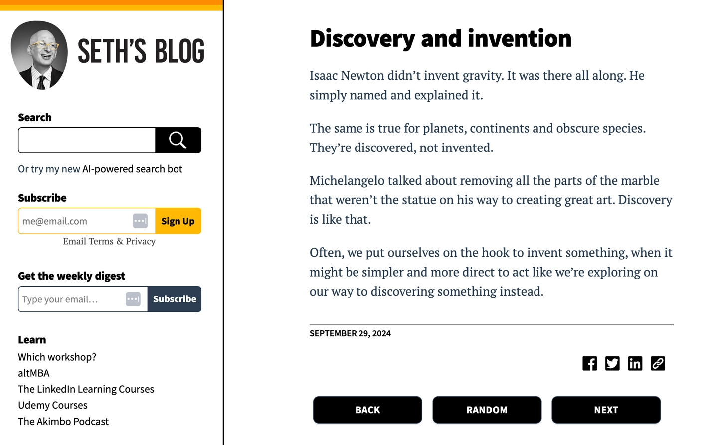 A screenshot of the thought leadership content displayed on Seth Godin’s daily blog.