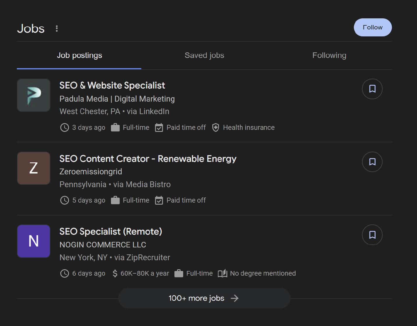 Jobs SERP feature for SEO content jobs