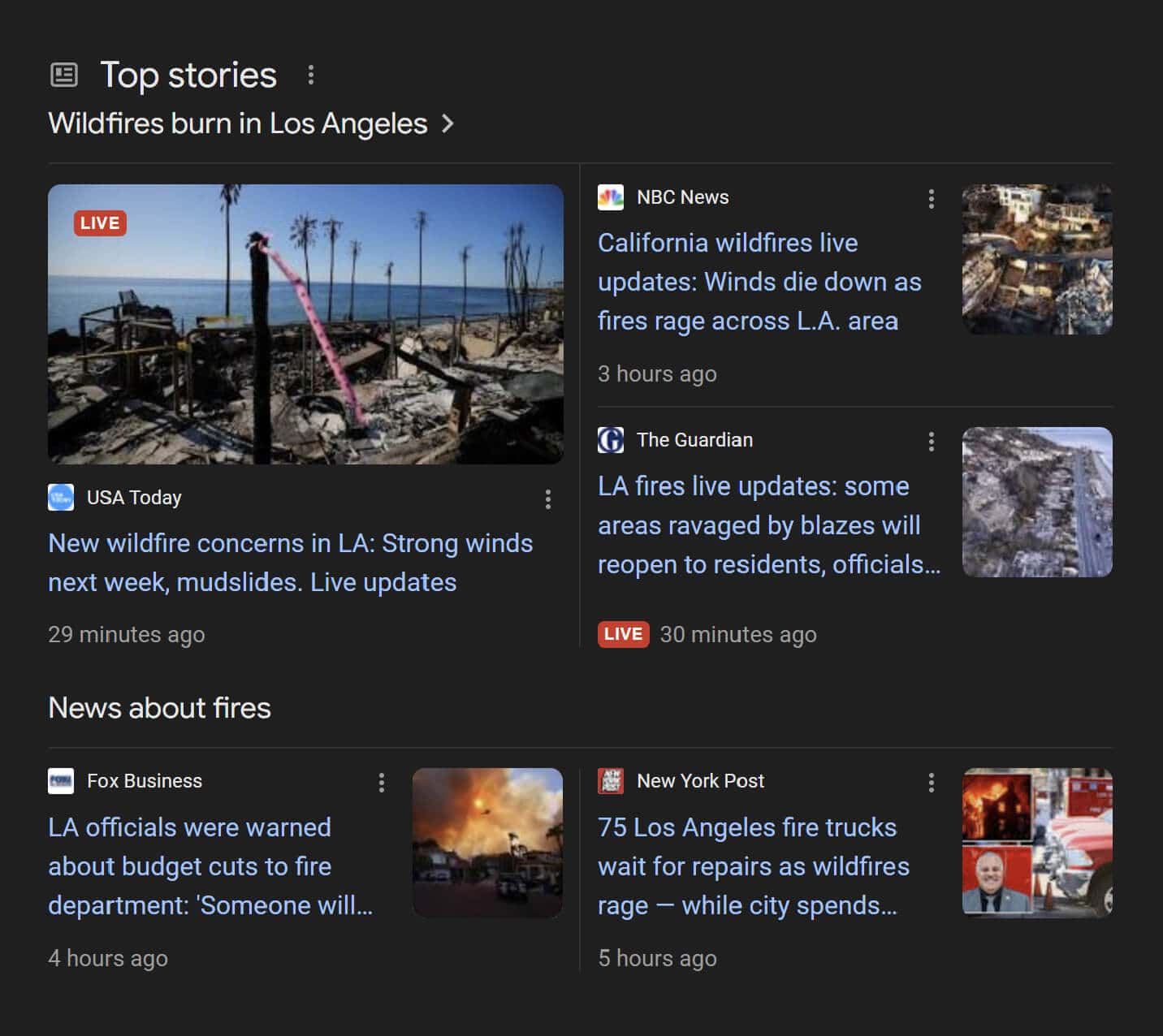 Top stories SERP feature for LA fire