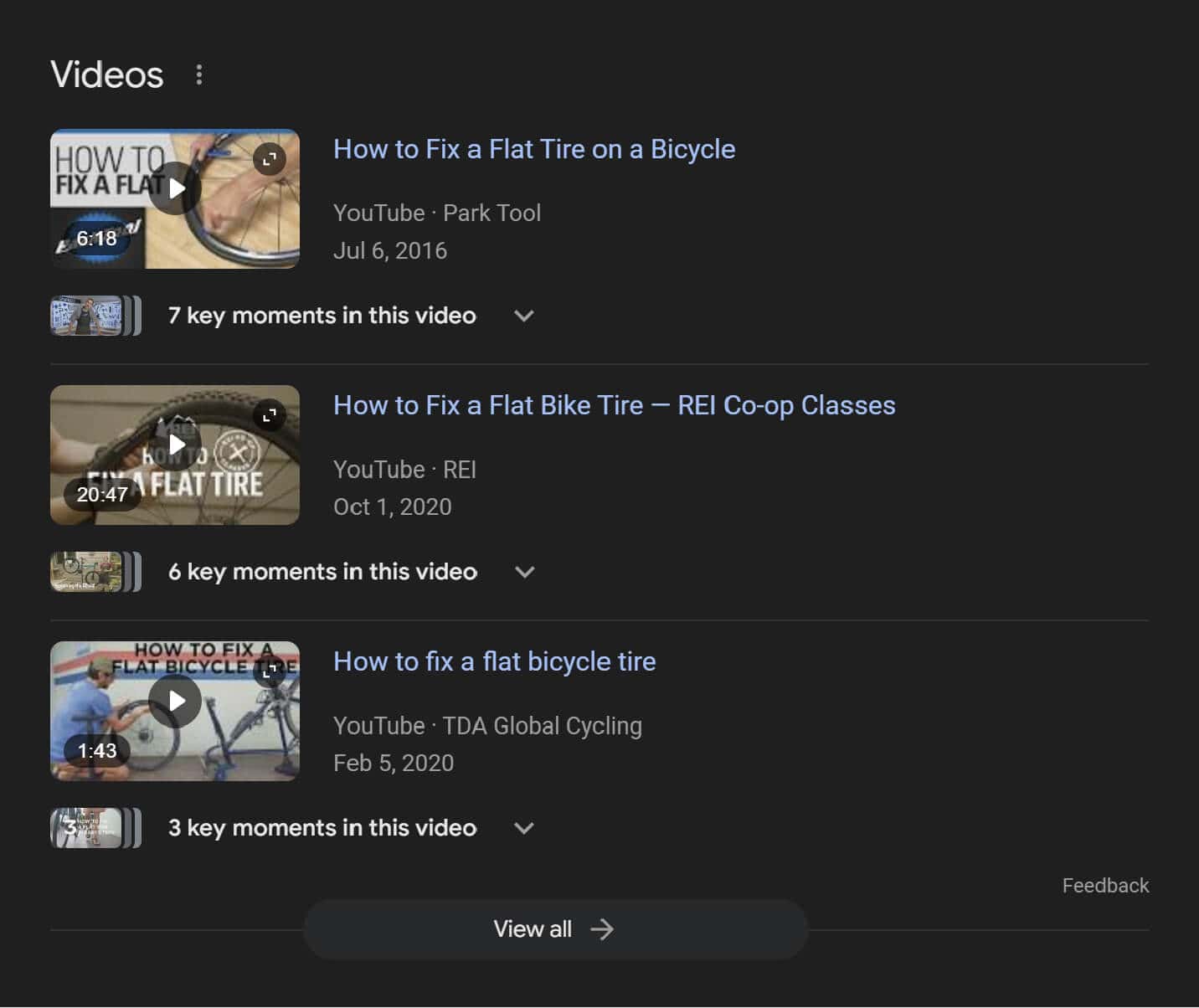 Video carousel SERP feature for fixing a bike tire