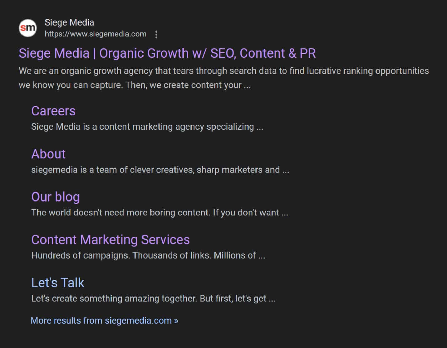 Sitelinks SERP feature for Siege Media