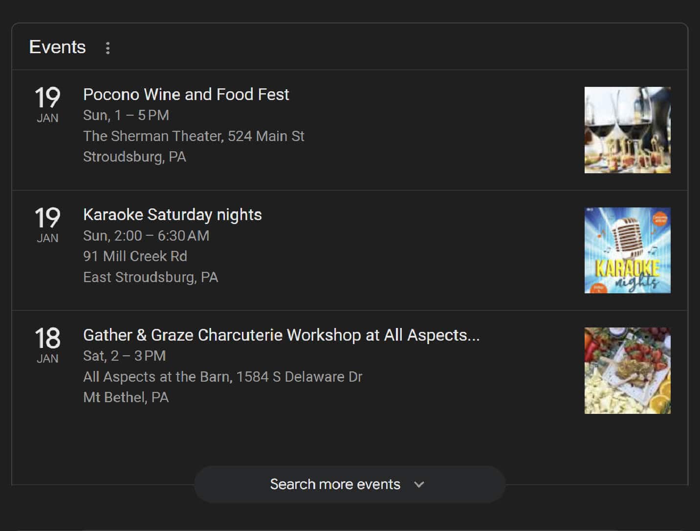 Events SERP feature for events in the Poconos