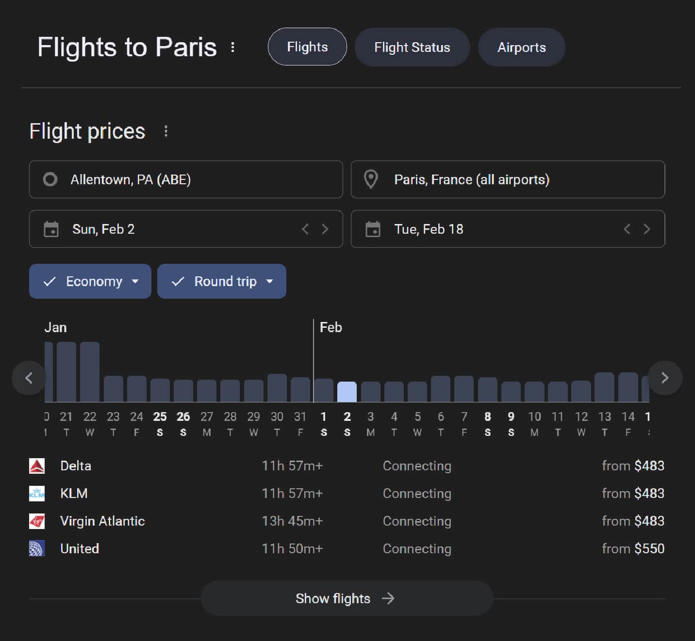 Travel SERP feature for flights to Paris