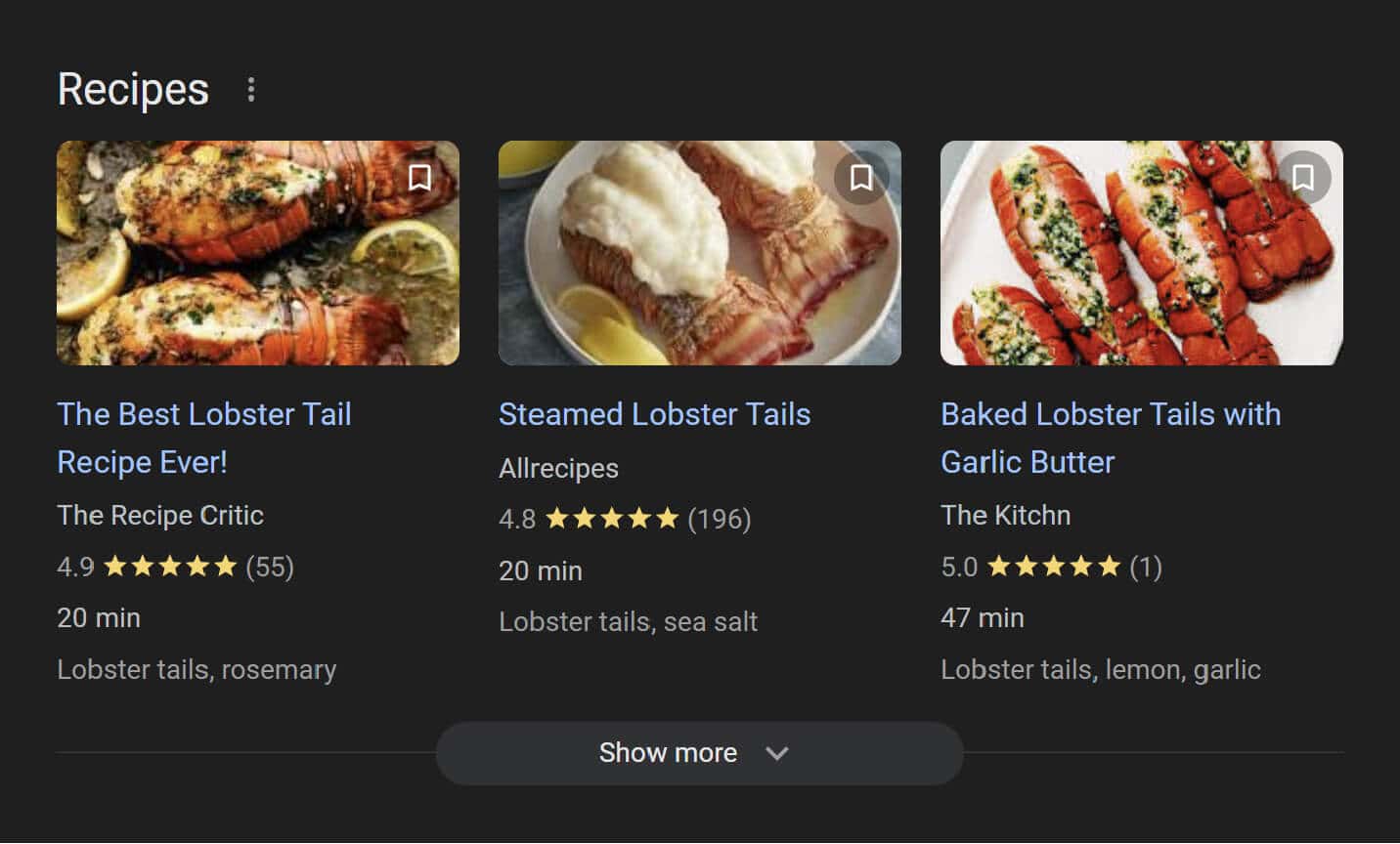 Recipe SERP feature for lobster tail recipes
