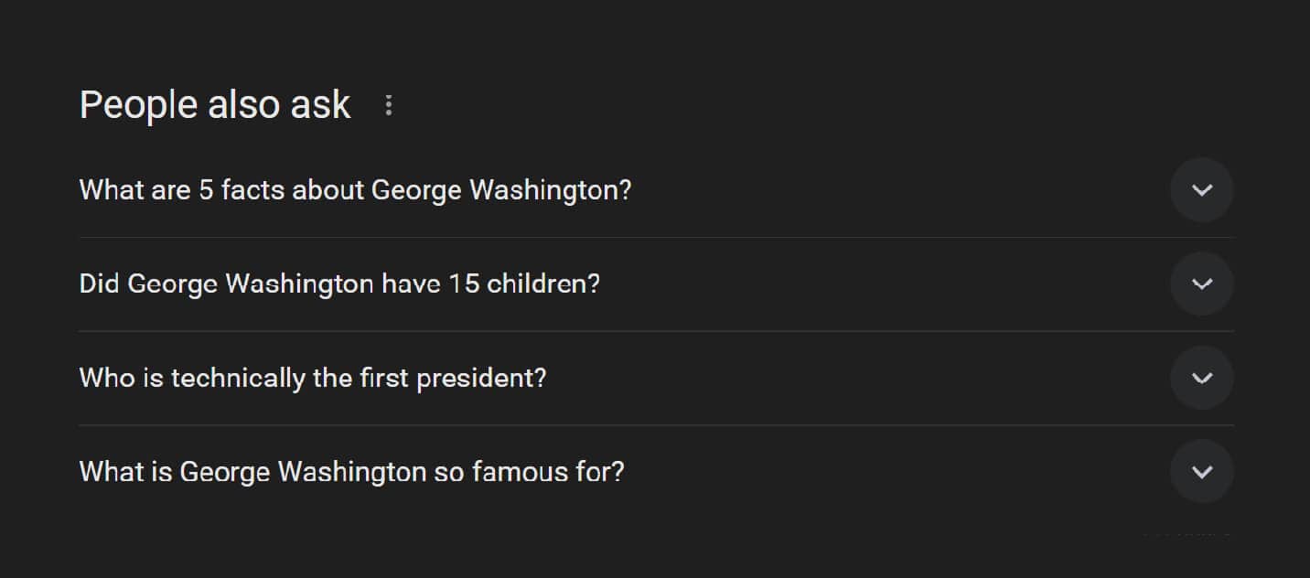 People also ask (PAA) SERP feature for George Washington