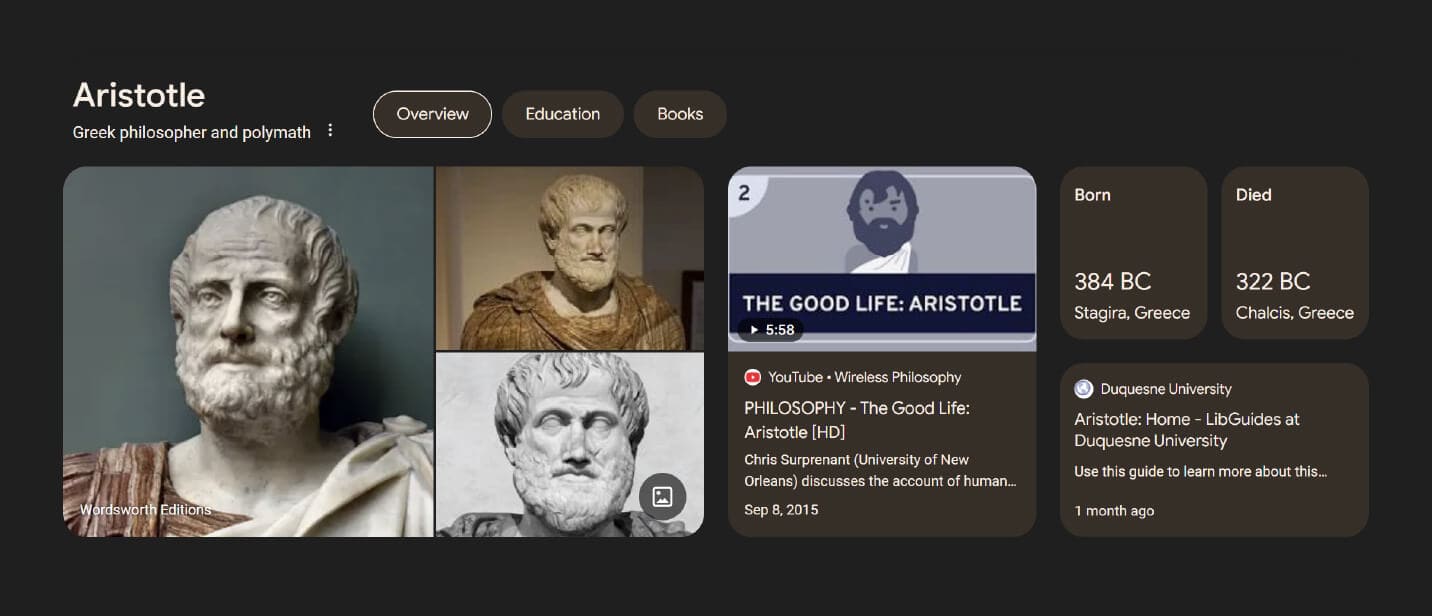 Featured snippet SERP feature for Aristotle