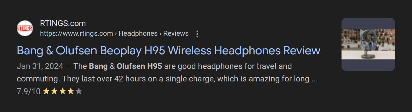 Rich snippet SERP feature for Bang & Olufsen headphones
