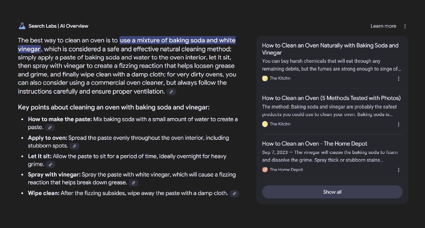 AI overview SERP feature for cleaning an oven
