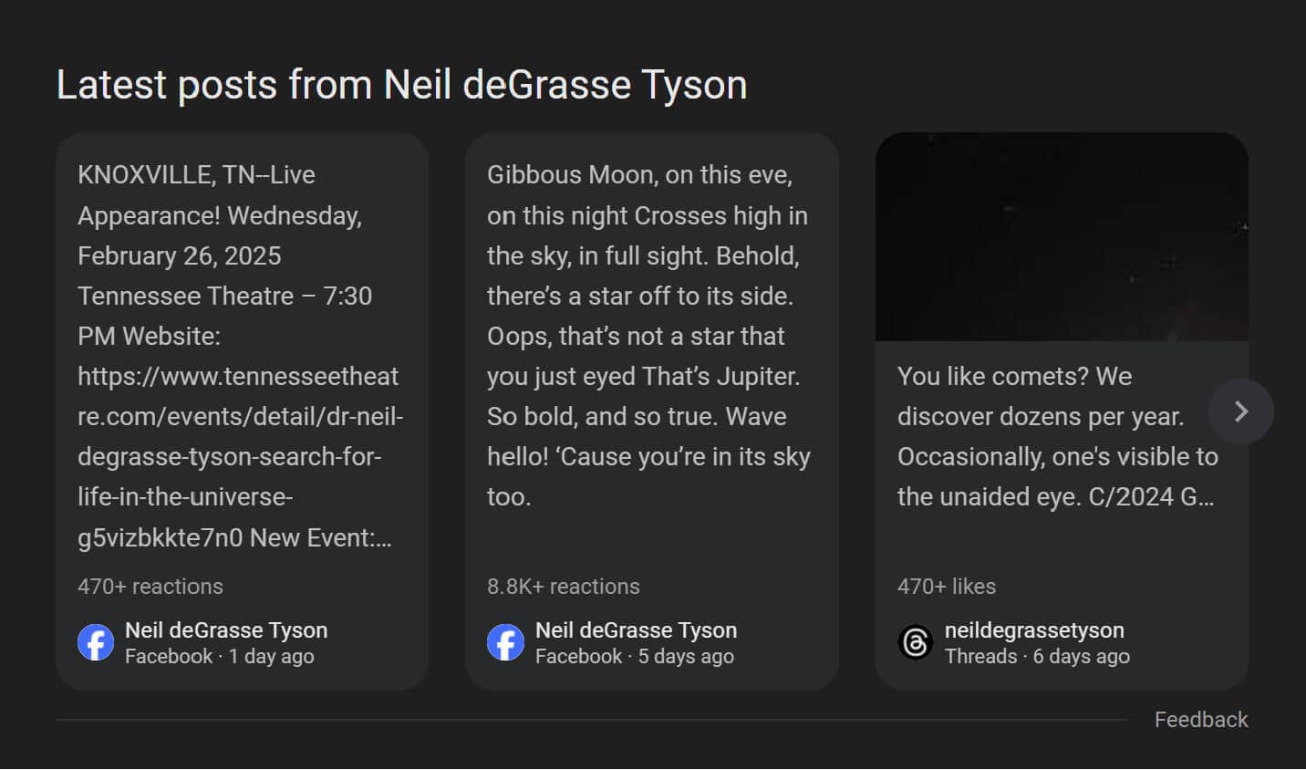 Latest posts SERP feature for Neil deGrasse Tyson