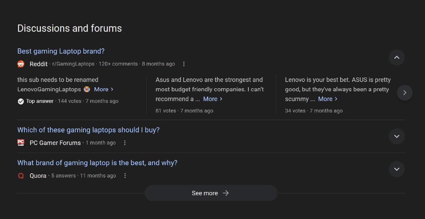 Discussions and forum SERP feature for best gaming laptop