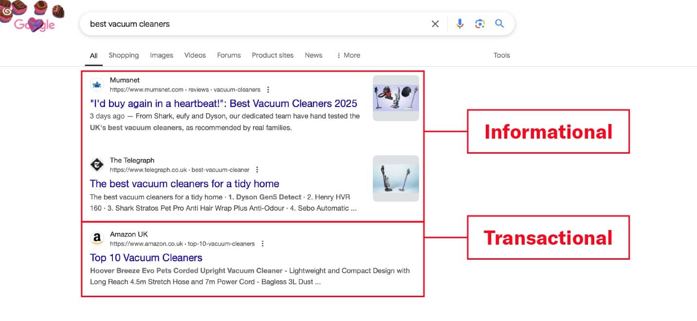 An example of a search engine results page with search intent indicators highlighted.