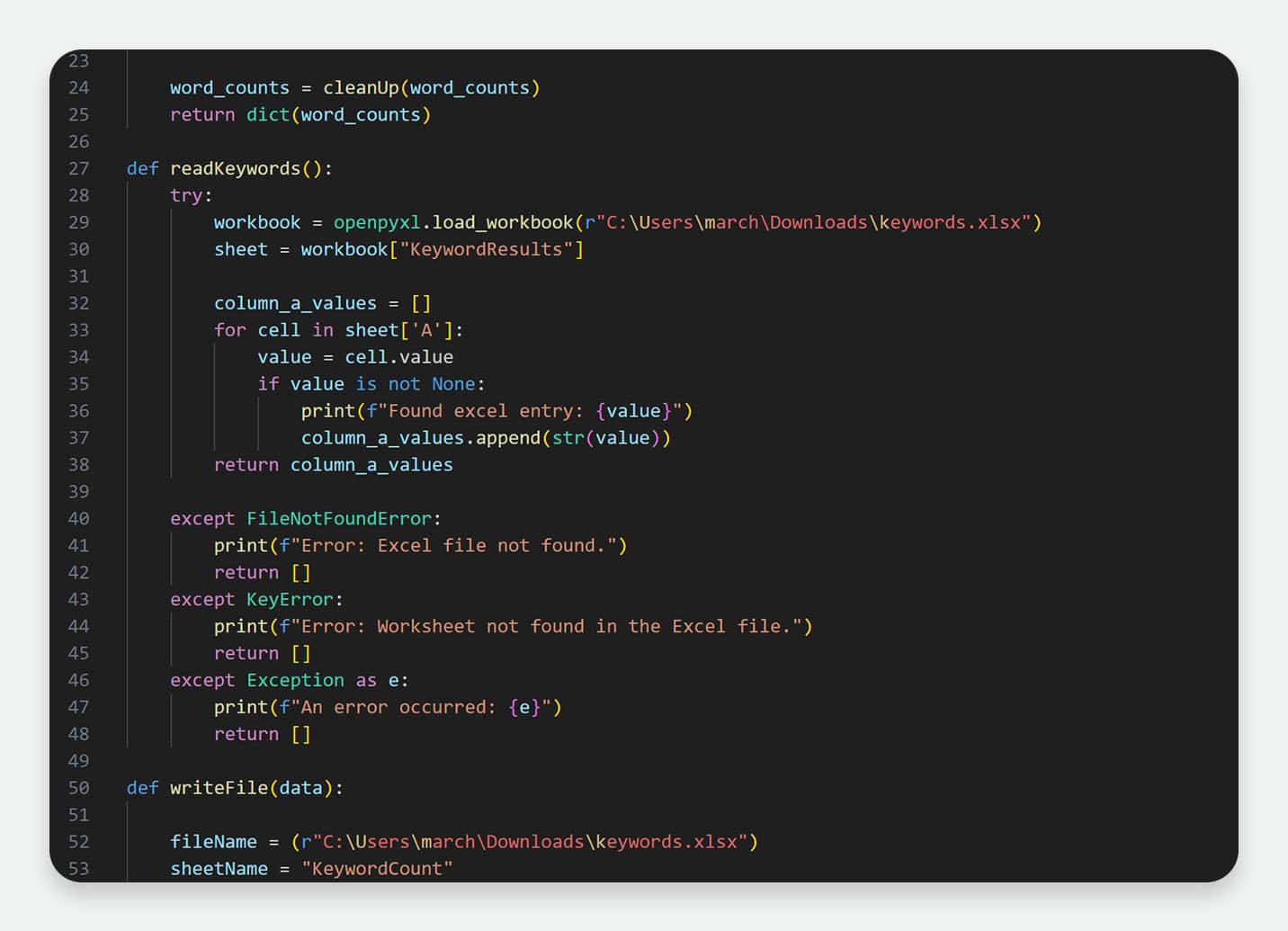 Screenshot of a Python script sorting the most commonly used words in title tags