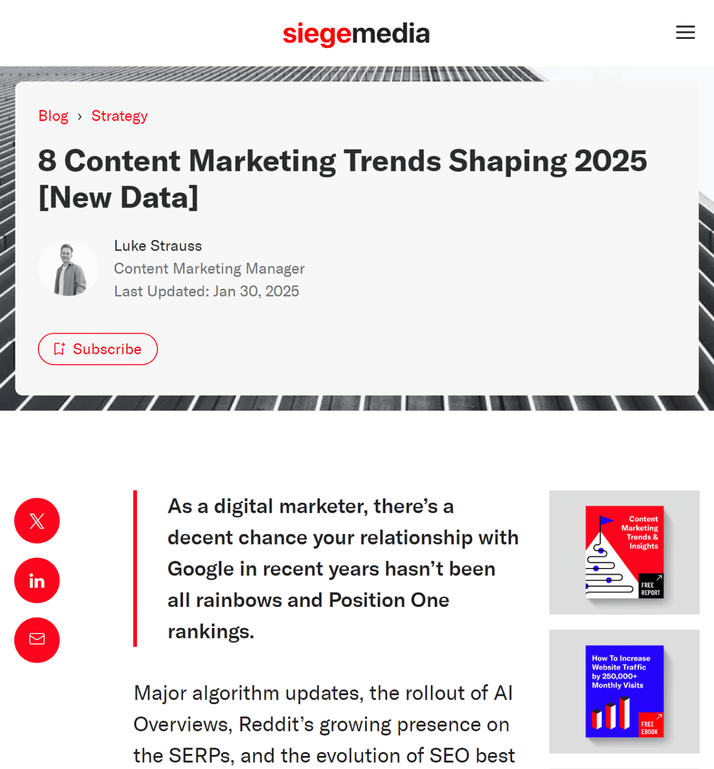 Screenshot of Siege Media’s 2025 Content Marketing Trends Report