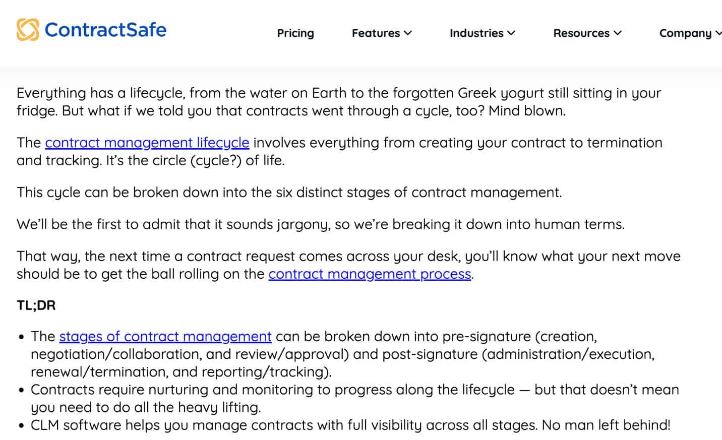 A screenshot of the ContractSafe blog post titled "6 stages of contract management lifecycle."