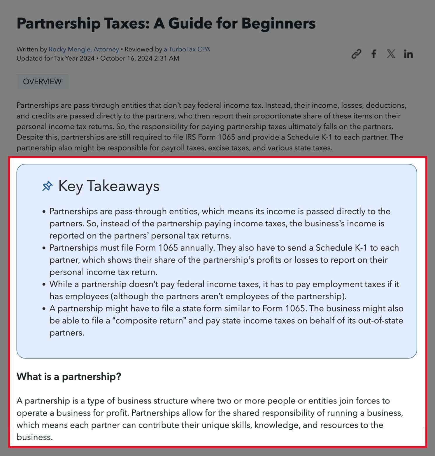 Example of a key takeaways box and optimized content structure on the TurboTax website.