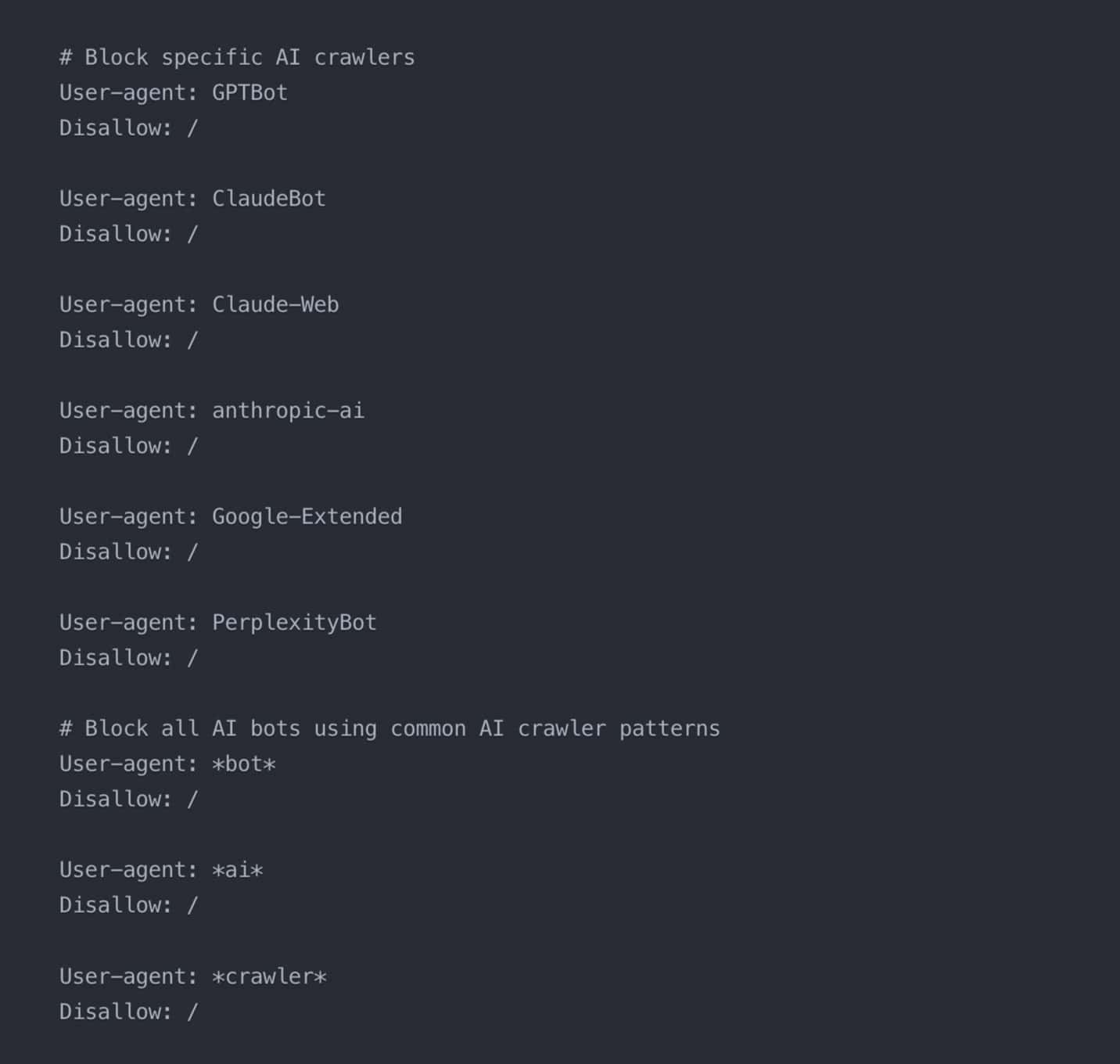 Example of a robots.txt file that blocks different AI crawlers.