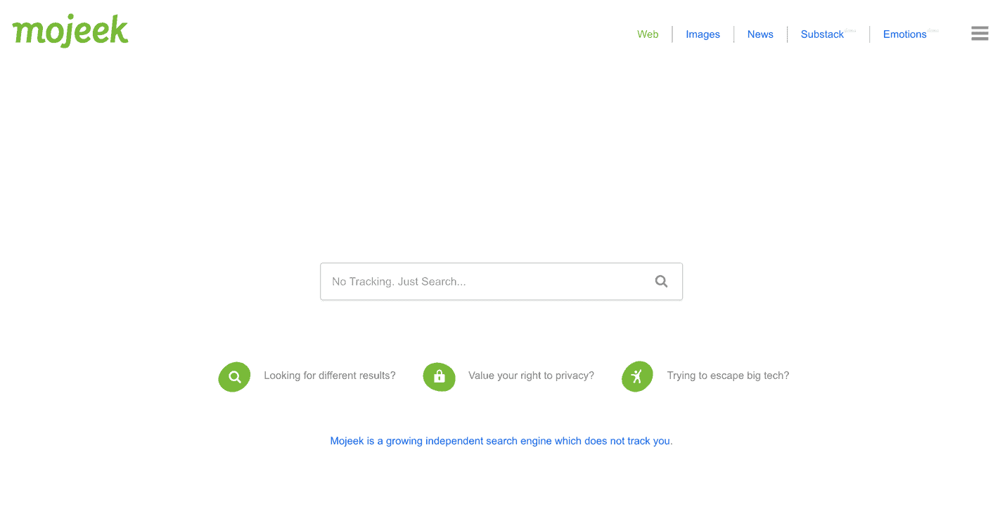 The Mojeek search engine as a Google alternative.